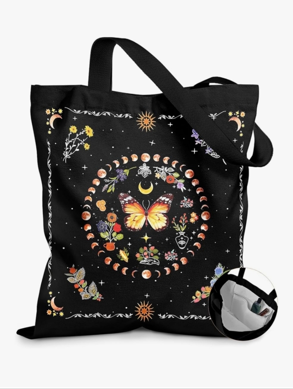 Butterfly Moon Canvas Tote Bag for Women - Black